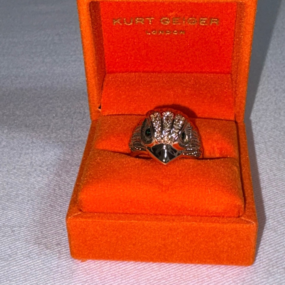 Kurt Geiger Eagle Head Ring Size 9  Gold colored Crystal Pave Statement cocktail